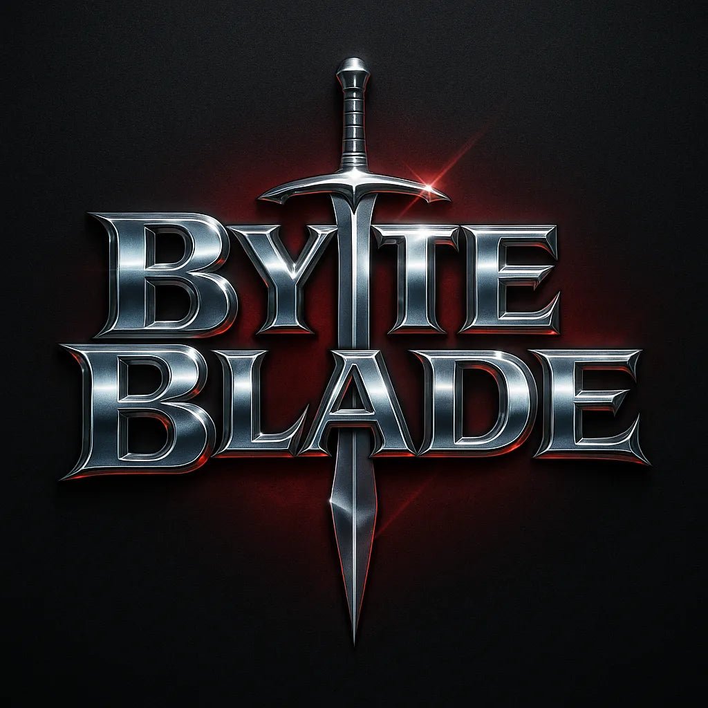 Example output from the Cyber Y2K Logo with Iconic Mashups ChatGPT prompt: metallic logo mashups featuring animal and object icons combined with glowing chrome text, vibrant color palettes, and stylized flares for brand-ready visuals. Byte Blade.
