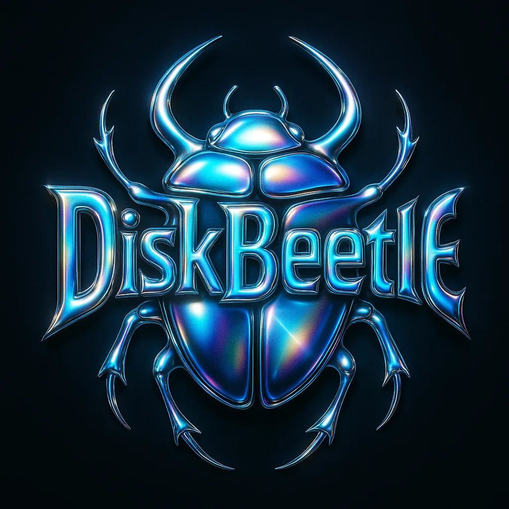 Example output from the Cyber Y2K Logo with Iconic Mashups ChatGPT prompt: metallic logo mashups featuring animal and object icons combined with glowing chrome text, vibrant color palettes, and stylized flares for brand-ready visuals. DiskBeetle.