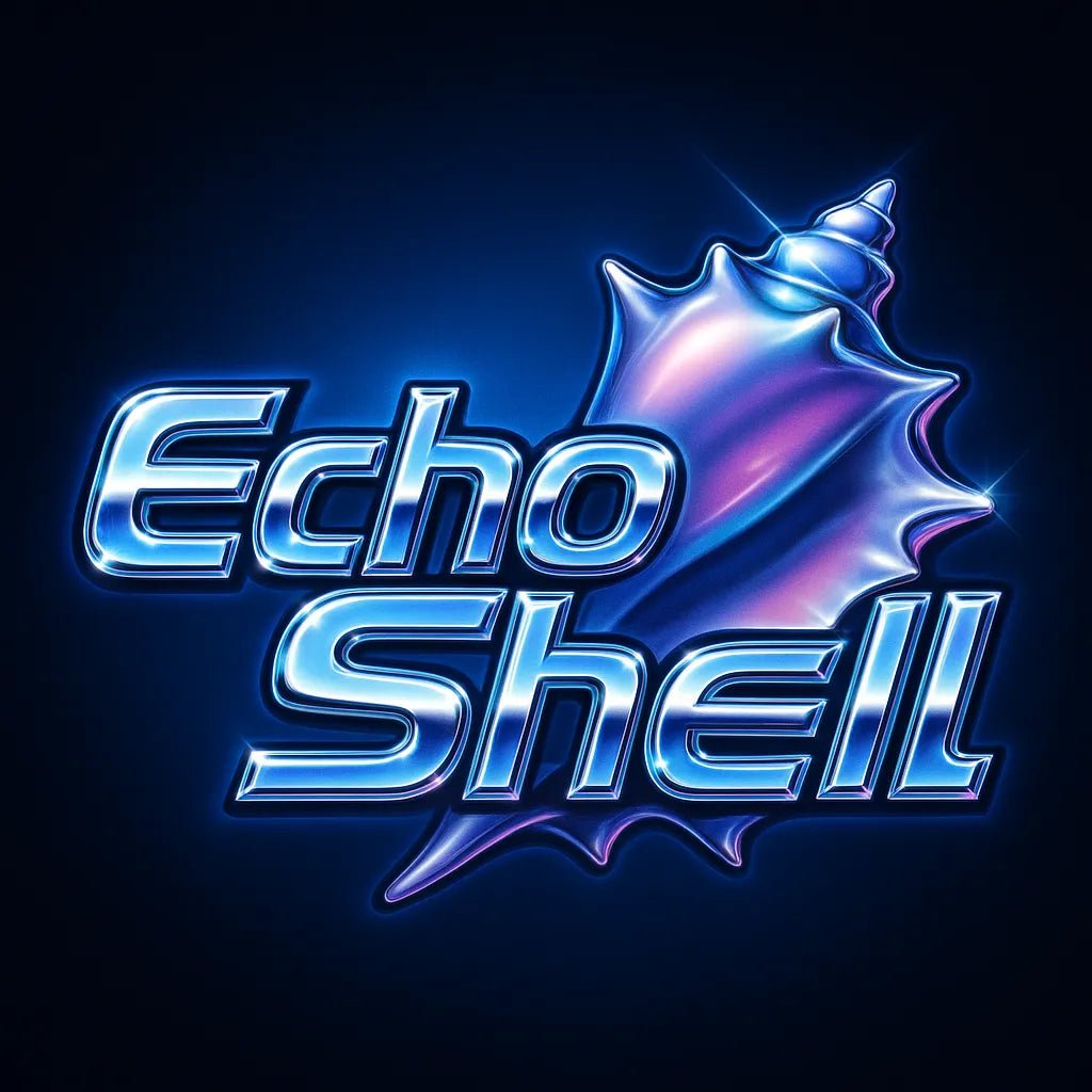 Example output from the Cyber Y2K Logo with Iconic Mashups ChatGPT prompt: metallic logo mashups featuring animal and object icons combined with glowing chrome text, vibrant color palettes, and stylized flares for brand-ready visuals. Echo Shell.