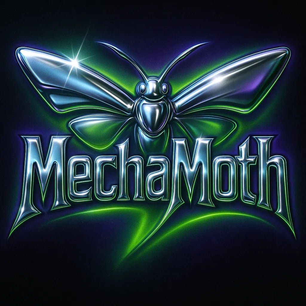 Example output from the Cyber Y2K Logo with Iconic Mashups ChatGPT prompt: metallic logo mashups featuring animal and object icons combined with glowing chrome text, vibrant color palettes, and stylized flares for brand-ready visuals. MechaMoth.
