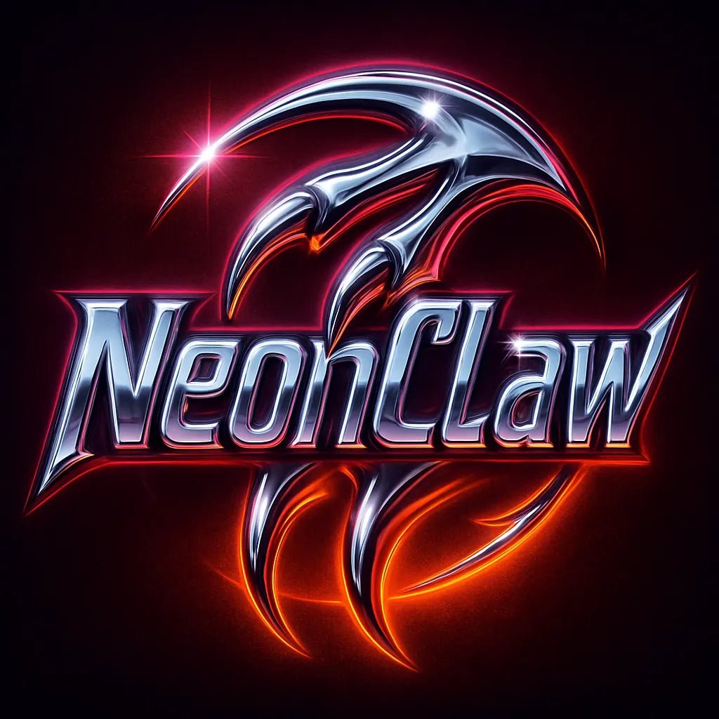 Example output from the Cyber Y2K Logo with Iconic Mashups ChatGPT prompt: metallic logo mashups featuring animal and object icons combined with glowing chrome text, vibrant color palettes, and stylized flares for brand-ready visuals. NeonClaw.