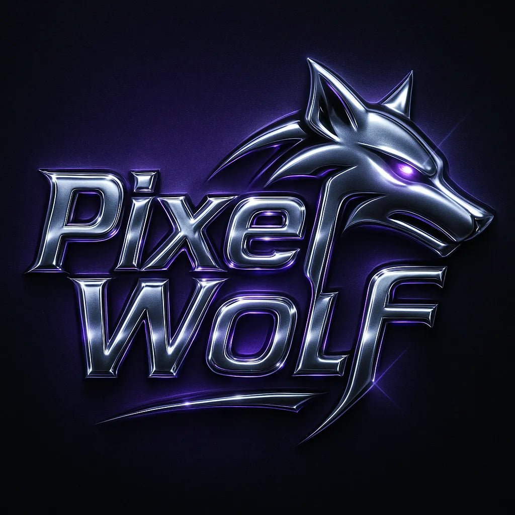 Example output from the Cyber Y2K Logo with Iconic Mashups ChatGPT prompt: metallic logo mashups featuring animal and object icons combined with glowing chrome text, vibrant color palettes, and stylized flares for brand-ready visuals. PixelWolf.