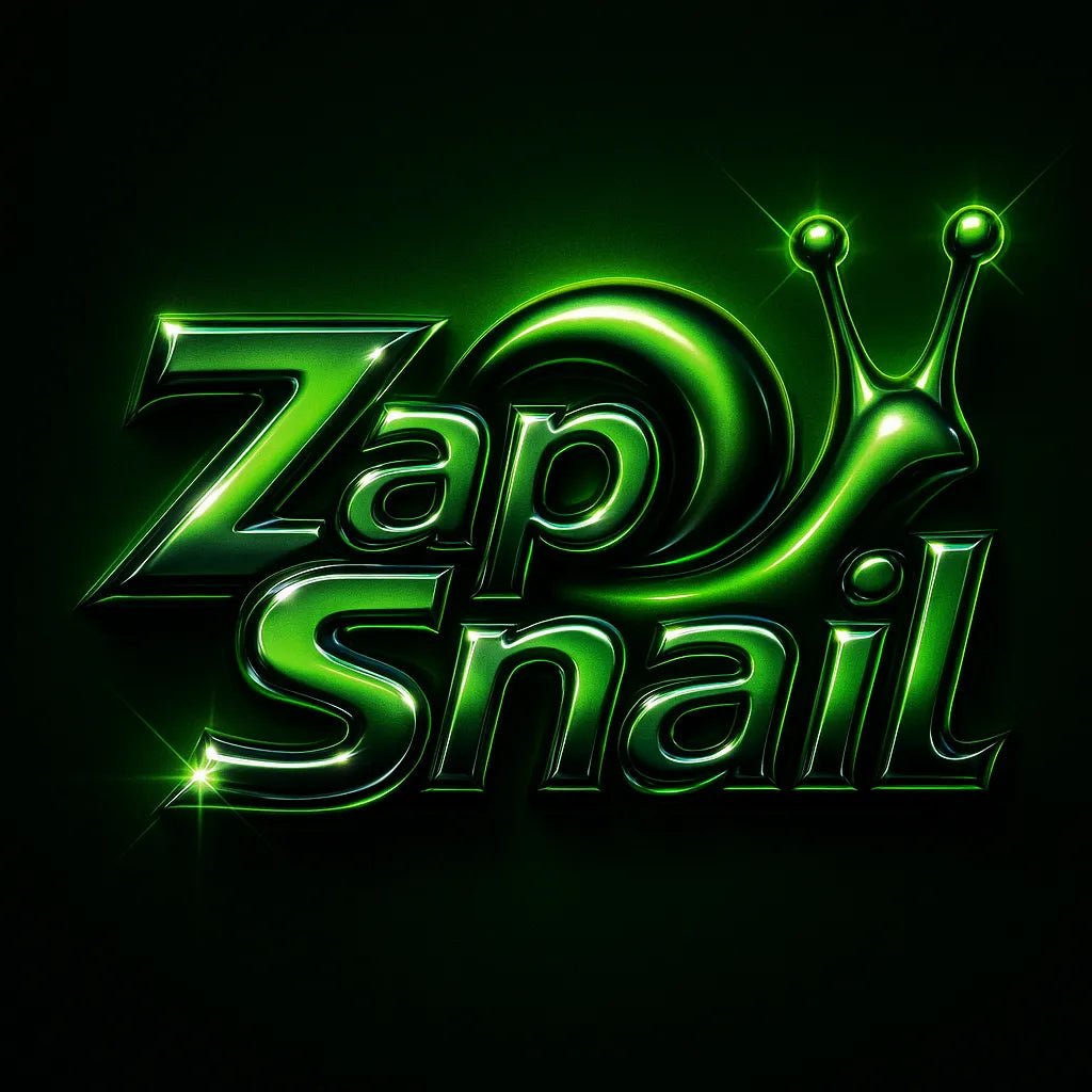 Example output from the Cyber Y2K Logo with Iconic Mashups ChatGPT prompt: metallic logo mashups featuring animal and object icons combined with glowing chrome text, vibrant color palettes, and stylized flares for brand-ready visuals. Zap Snail.