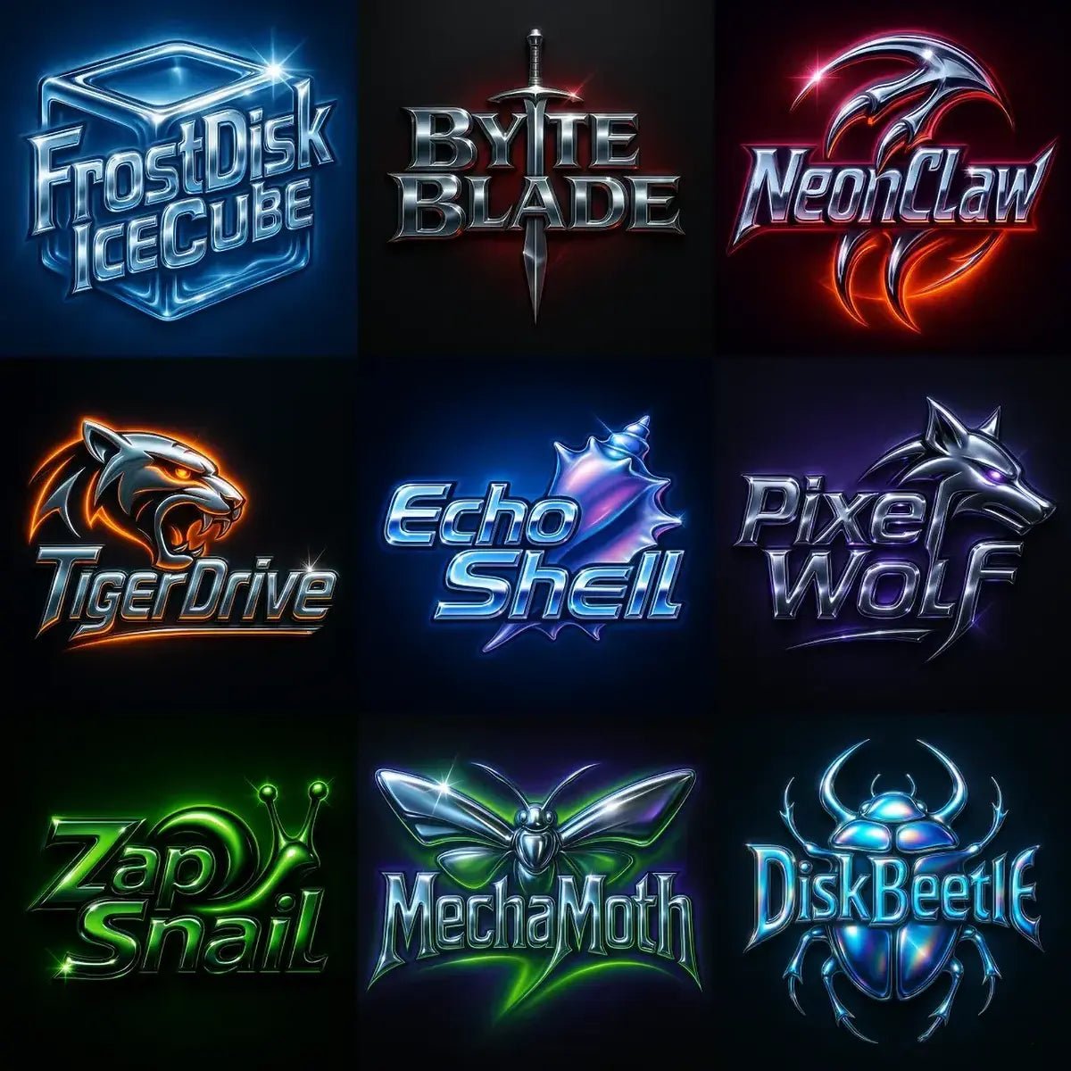 Example output from the Cyber Y2K Logo with Iconic Mashups ChatGPT prompt: metallic logo mashups featuring animal and object icons combined with glowing chrome text, vibrant color palettes, and stylized flares for brand-ready visuals.