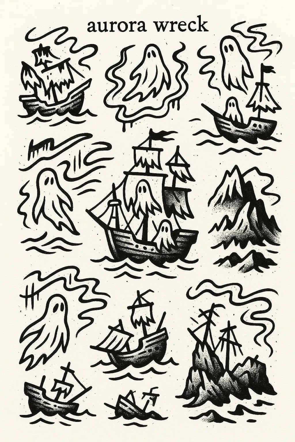 Example output from the DIY Ignorant Style Tattoo Sheet ChatGPT prompt: hand-drawn black ink motifs arranged on white flash sheets, featuring Aurora Wreck.