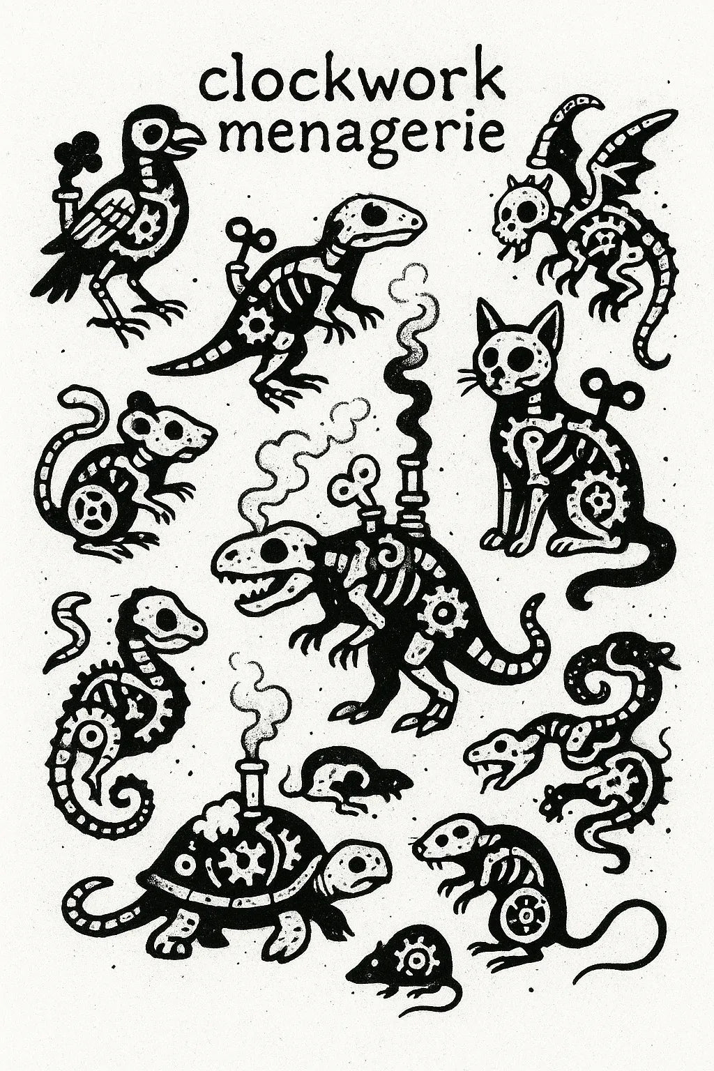 Example output from the DIY Ignorant Style Tattoo Sheet ChatGPT prompt: hand-drawn black ink motifs arranged on white flash sheets, featuring Clockwork Menagerie.