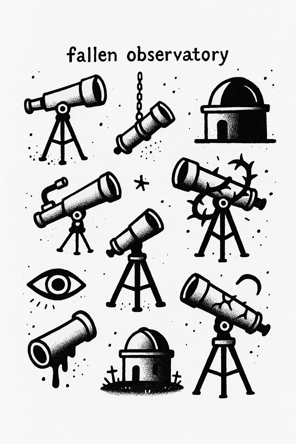 Example output from the DIY Ignorant Style Tattoo Sheet ChatGPT prompt: hand-drawn black ink motifs arranged on white flash sheets, featuring Fallen Observatory.