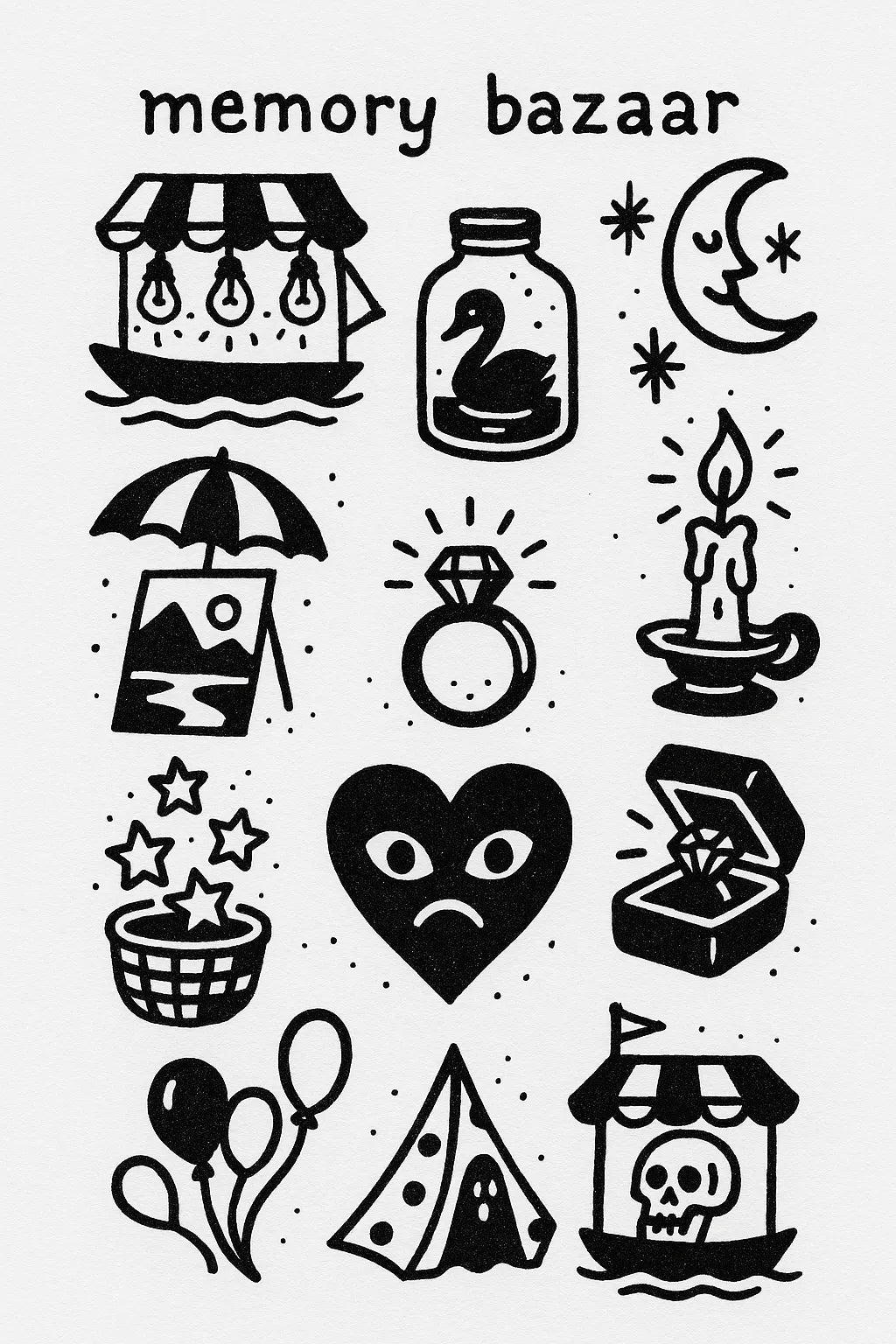 Example output from the DIY Ignorant Style Tattoo Sheet ChatGPT prompt: hand-drawn black ink motifs arranged on white flash sheets, featuring Memory Bazaar.