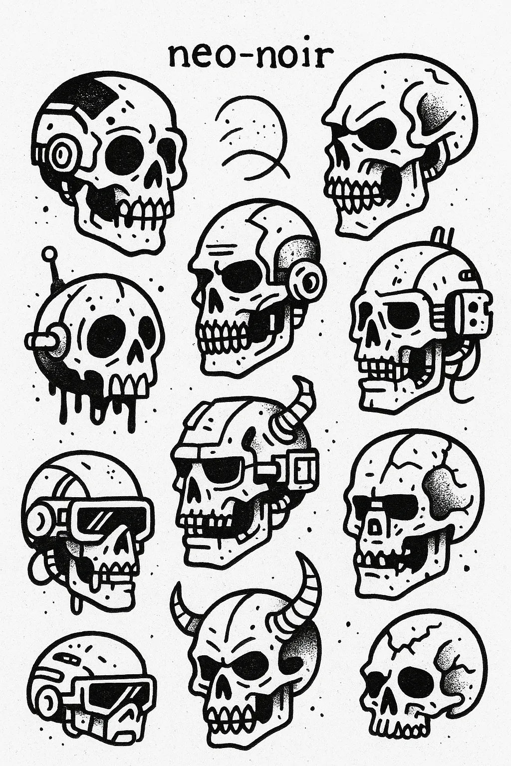 Example output from the DIY Ignorant Style Tattoo Sheet ChatGPT prompt: hand-drawn black ink motifs arranged on white flash sheets, featuring Neo-Noir.