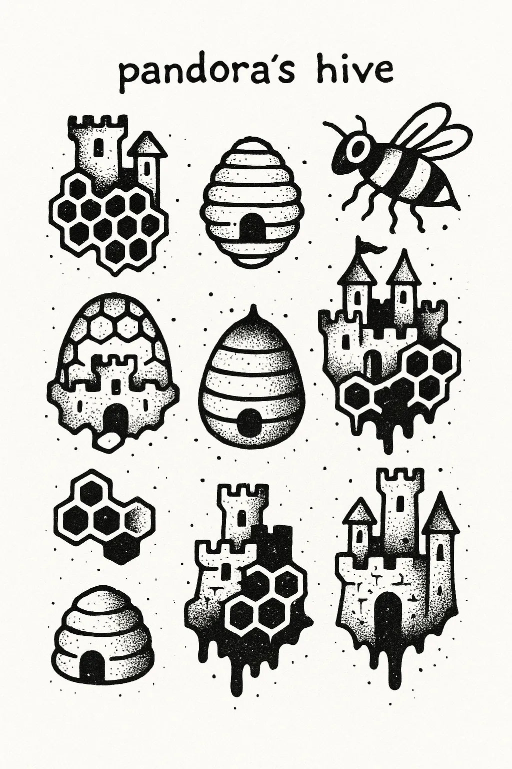Example output from the DIY Ignorant Style Tattoo Sheet ChatGPT prompt: hand-drawn black ink motifs arranged on white flash sheets, featuring Pandora's Hive.