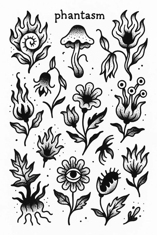 Example output from the DIY Ignorant Style Tattoo Sheet ChatGPT prompt: hand-drawn black ink motifs arranged on white flash sheets, featuring Phantasm.