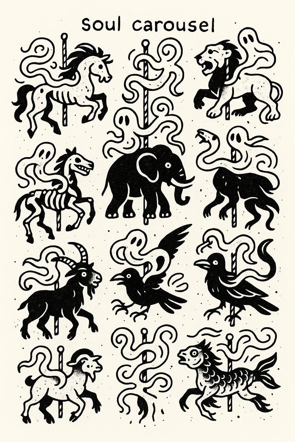Example output from the DIY Ignorant Style Tattoo Sheet ChatGPT prompt: hand-drawn black ink motifs arranged on white flash sheets, featuring Soul Carousel.