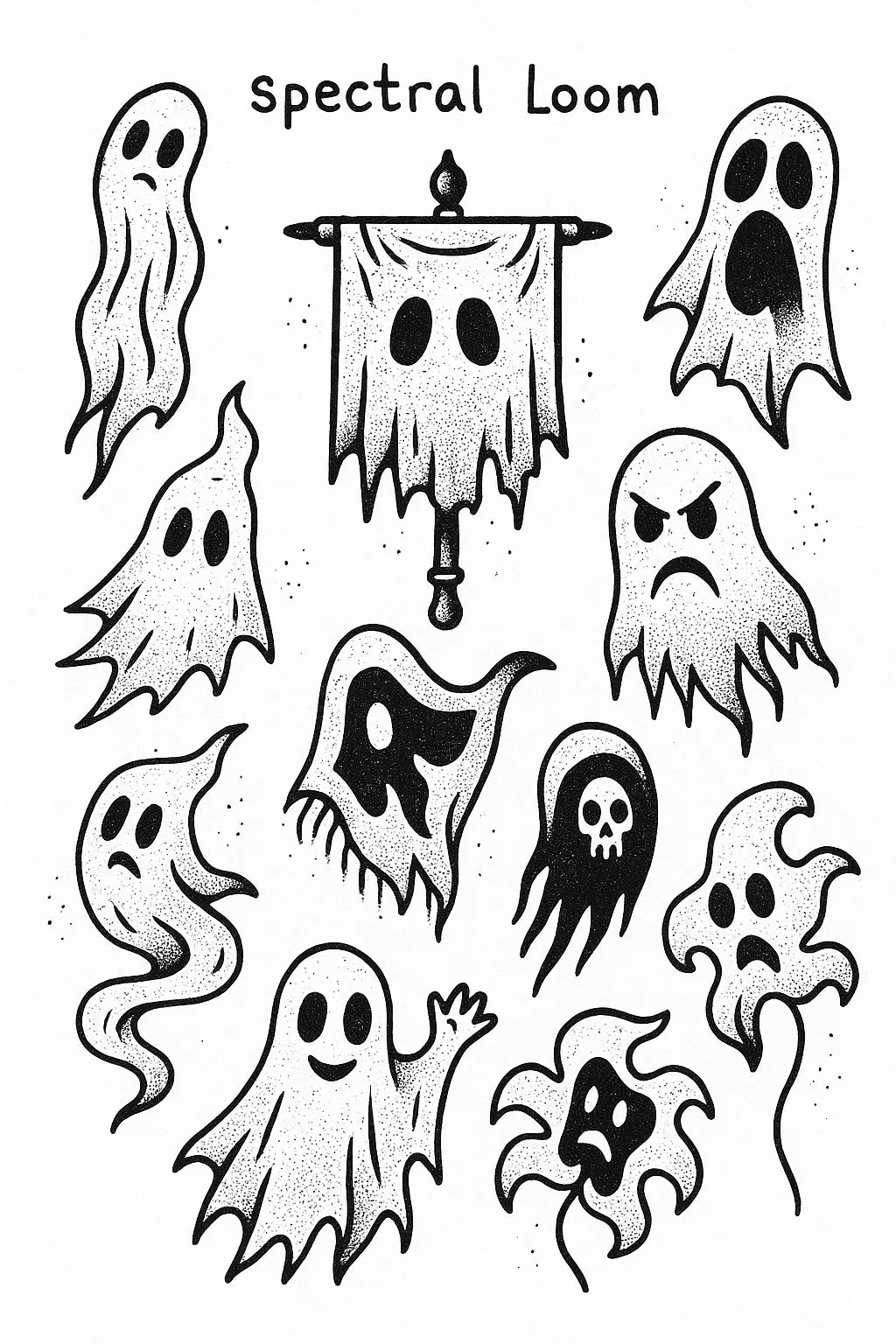 Example output from the DIY Ignorant Style Tattoo Sheet ChatGPT prompt: hand-drawn black ink motifs arranged on white flash sheets, featuring Spectral Loom.