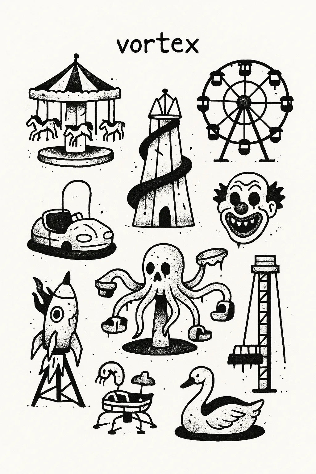 Example output from the DIY Ignorant Style Tattoo Sheet ChatGPT prompt: hand-drawn black ink motifs arranged on white flash sheets, featuring Vortex.
