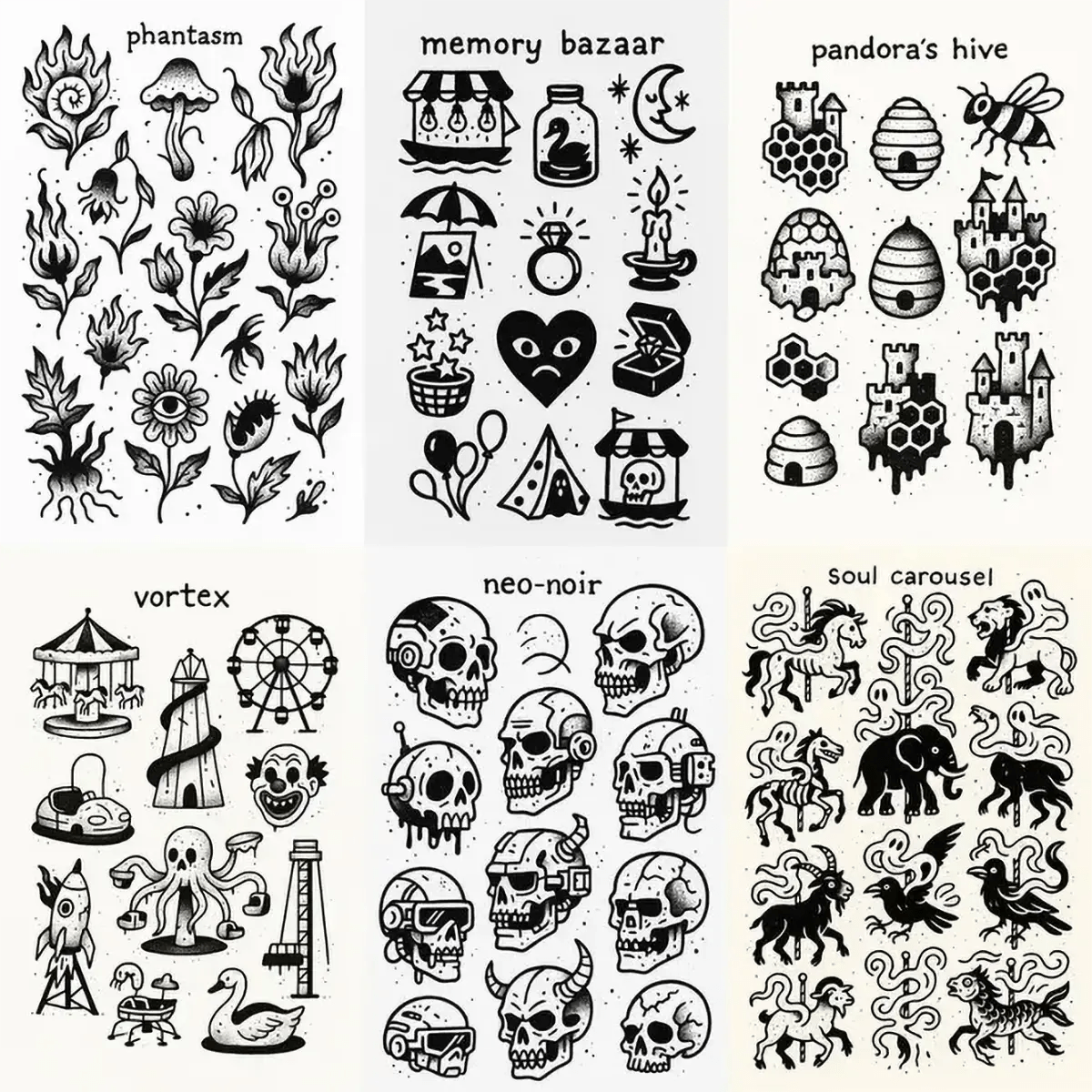 Example output from the DIY Ignorant Style Tattoo Sheet ChatGPT prompt: hand-drawn black ink motifs arranged on white flash sheets, featuring skulls, flowers, circus rides, fantasy creatures, and playful handwritten titles in a raw punk-zine layout.
