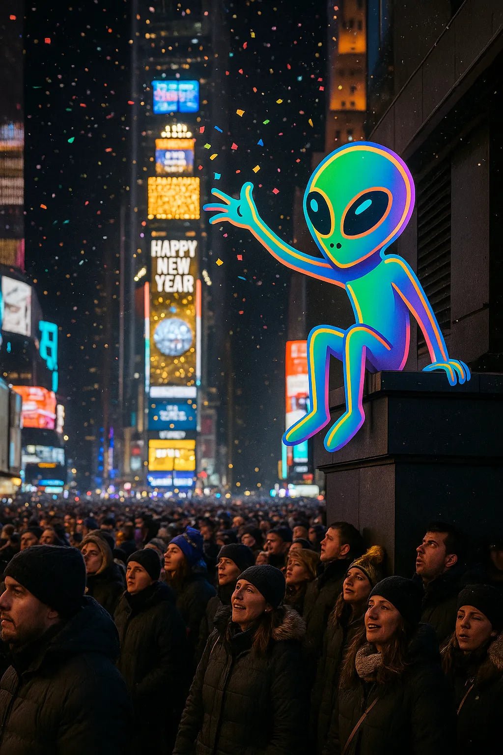 Example output of hybrid DSLR-style photo featuring seamlessly embedded 2D vector character. Alien.