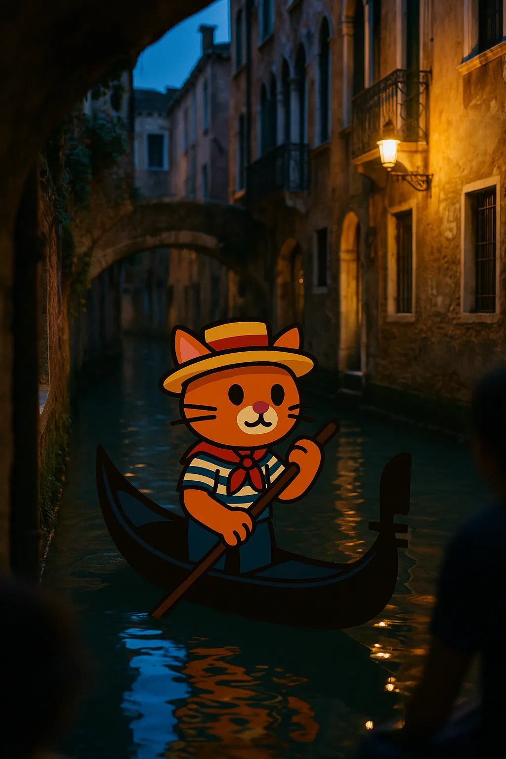 Example output of hybrid DSLR-style photo featuring seamlessly embedded 2D vector character. Cat.