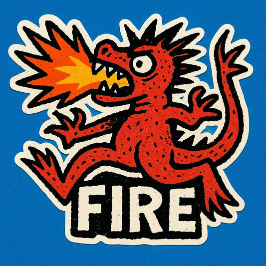 Vibrant die-cut doodle sticker on bold, flat-color squares, showing a hand-sketched character: dragon.