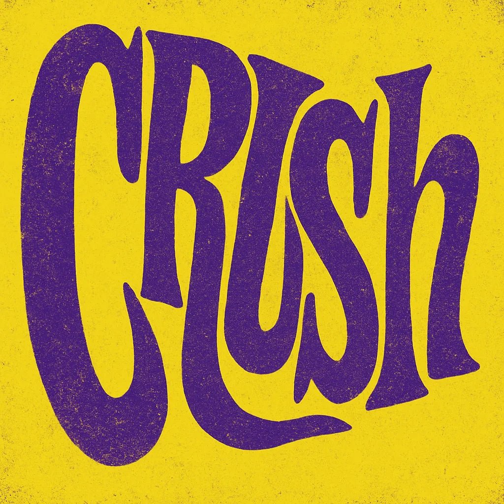Example output from the Disruptive Wordmark Logos ChatGPT prompt: rebellious wordmark logos with chaotic lettering, featuring grainy textures, custom color fills, asymmetric layout, and punk-style zine aesthetics. Crush.