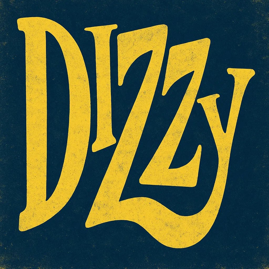 Example output from the Disruptive Wordmark Logos ChatGPT prompt: rebellious wordmark logos with chaotic lettering, featuring grainy textures, custom color fills, asymmetric layout, and punk-style zine aesthetics. Dizzy.