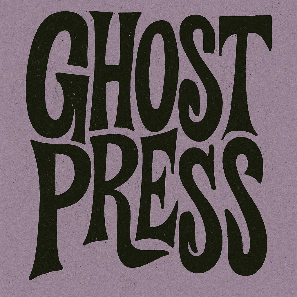 Example output from the Disruptive Wordmark Logos ChatGPT prompt: rebellious wordmark logos with chaotic lettering, featuring grainy textures, custom color fills, asymmetric layout, and punk-style zine aesthetics. Ghost Press.