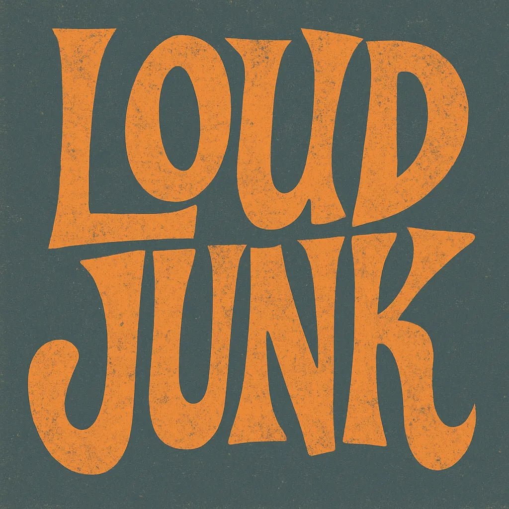 Example output from the Disruptive Wordmark Logos ChatGPT prompt: rebellious wordmark logos with chaotic lettering, featuring grainy textures, custom color fills, asymmetric layout, and punk-style zine aesthetics. Loud Junk.
