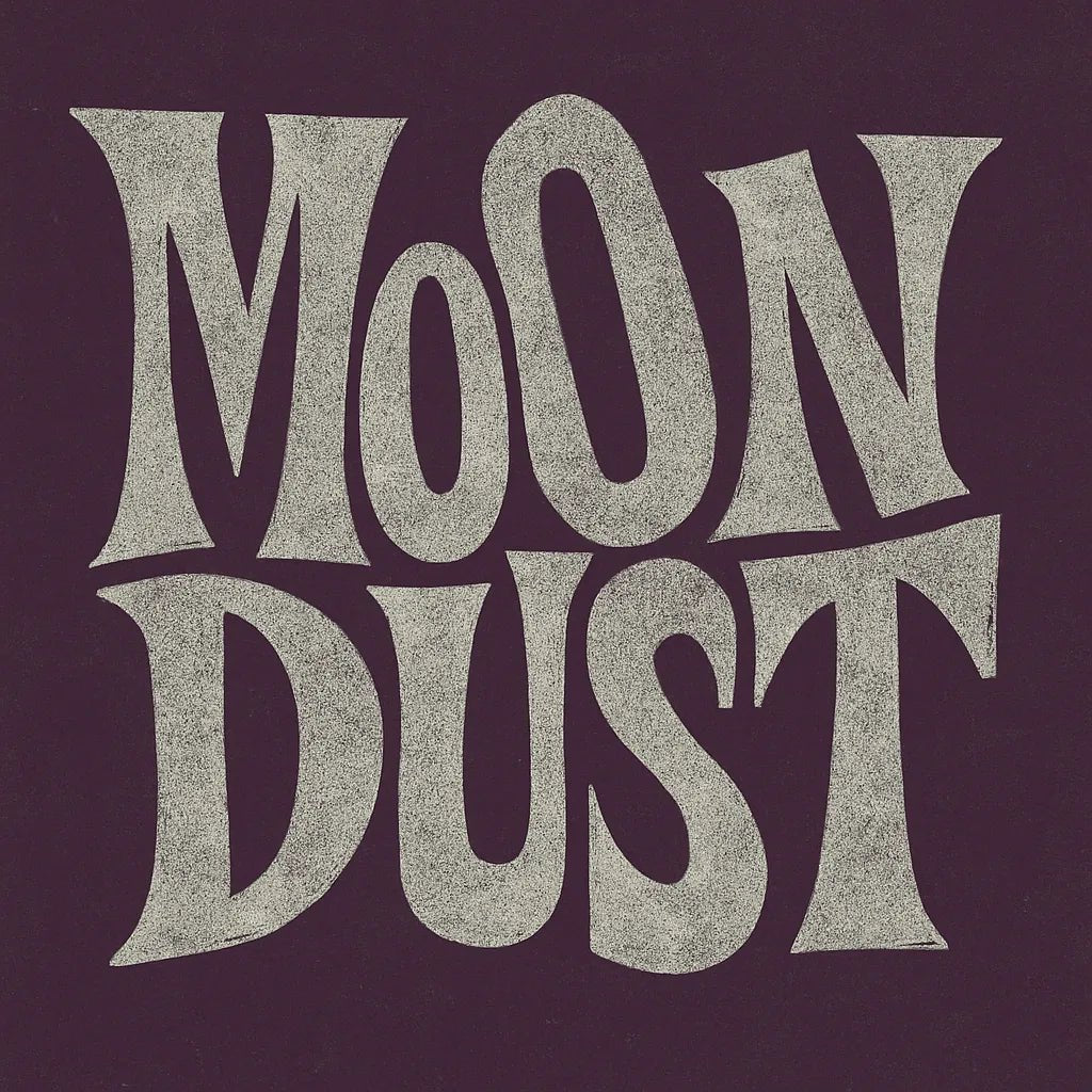Example output from the Disruptive Wordmark Logos ChatGPT prompt: rebellious wordmark logos with chaotic lettering, featuring grainy textures, custom color fills, asymmetric layout, and punk-style zine aesthetics. Moon Dust.