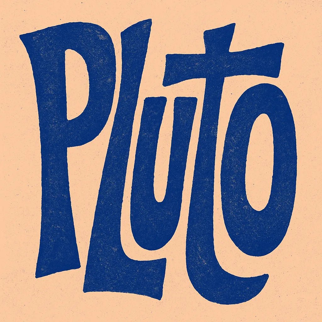 Example output from the Disruptive Wordmark Logos ChatGPT prompt: rebellious wordmark logos with chaotic lettering, featuring grainy textures, custom color fills, asymmetric layout, and punk-style zine aesthetics. Pluto
