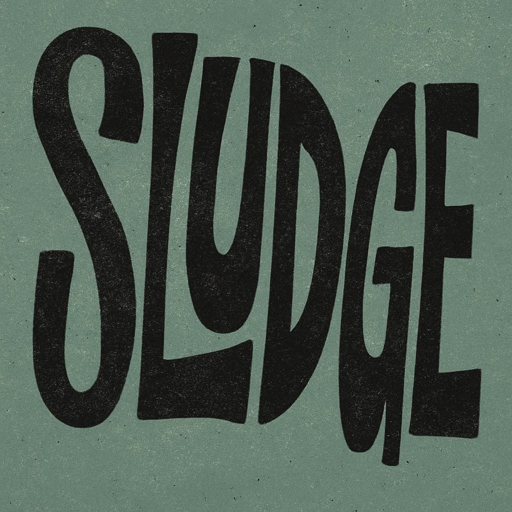 Example output from the Disruptive Wordmark Logos ChatGPT prompt: rebellious wordmark logos with chaotic lettering, featuring grainy textures, custom color fills, asymmetric layout, and punk-style zine aesthetics. Sludge.