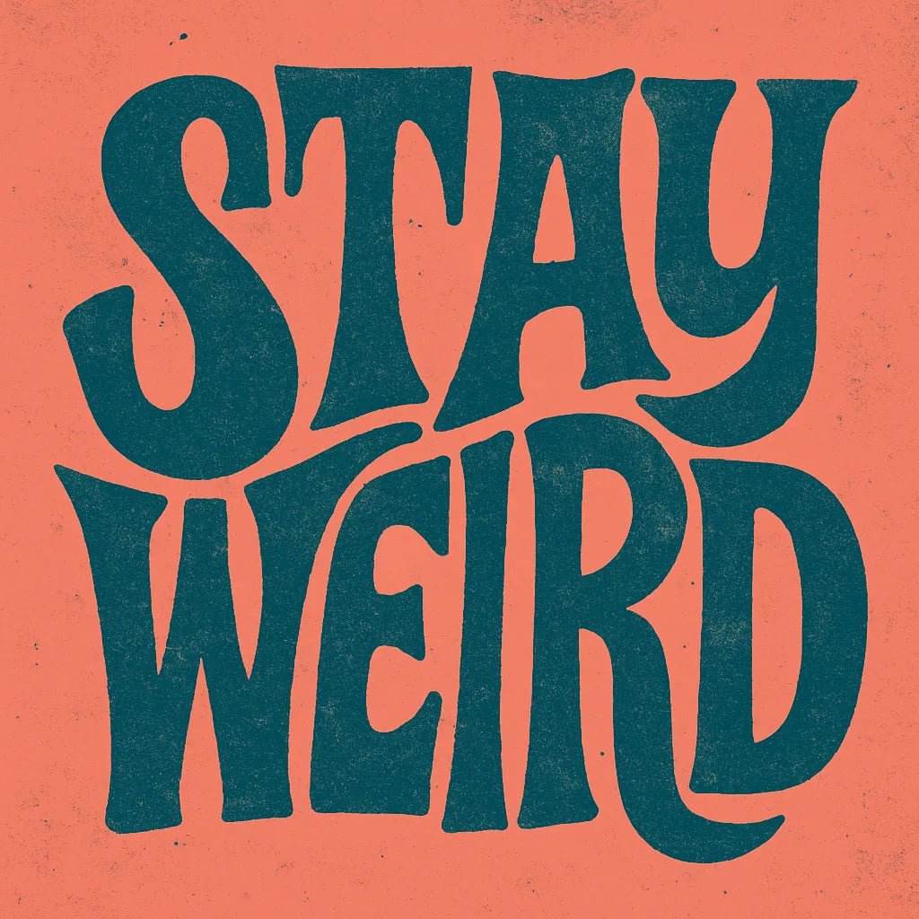 Example output from the Disruptive Wordmark Logos ChatGPT prompt: rebellious wordmark logos with chaotic lettering, featuring grainy textures, custom color fills, asymmetric layout, and punk-style zine aesthetics. Stay Weird.