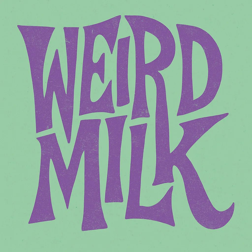 Example output from the Disruptive Wordmark Logos ChatGPT prompt: rebellious wordmark logos with chaotic lettering, featuring grainy textures, custom color fills, asymmetric layout, and punk-style zine aesthetics. Weird Milk.