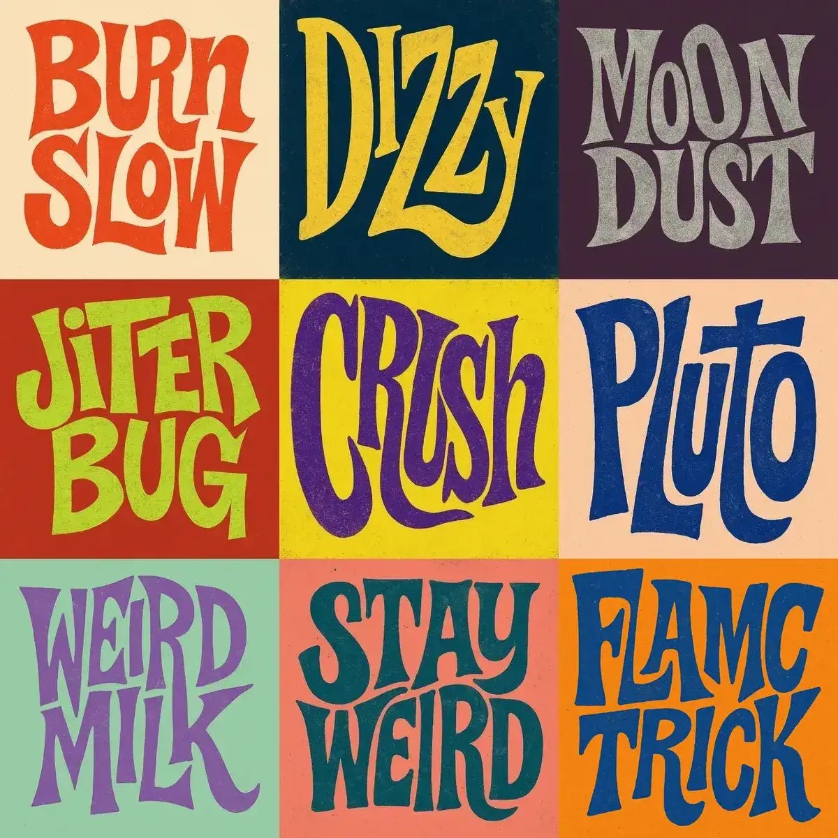 Example output from the Disruptive Wordmark Logos ChatGPT prompt: rebellious wordmark logos with chaotic lettering, featuring grainy textures, custom color fills, asymmetric layout, and punk-style zine aesthetics.