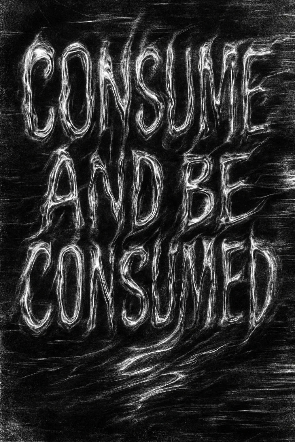 Example output from the Distorted Quote Typography Poster ChatGPT prompt: black and white portrait posters with warped chrome text, glitch effects, motion blur, and grungy textures ideal for zines, music merch, and protest visuals. Consume and be consumed.