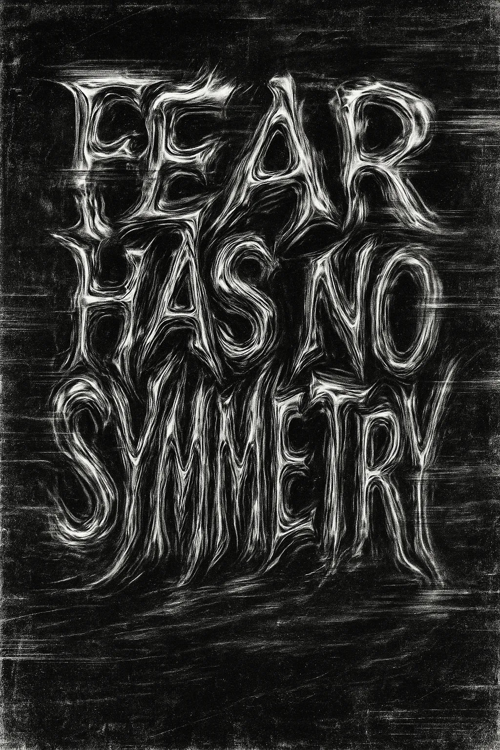 Example output from the Distorted Quote Typography Poster ChatGPT prompt: black and white portrait posters with warped chrome text, glitch effects, motion blur, and grungy textures ideal for zines, music merch, and protest visuals. Fear has no symmetry.