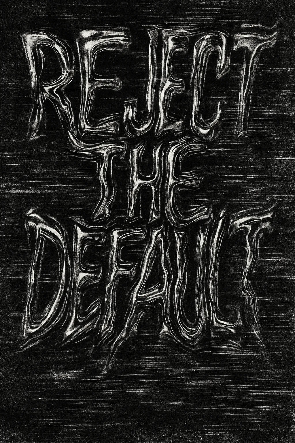 Example output from the Distorted Quote Typography Poster ChatGPT prompt: black and white portrait posters with warped chrome text, glitch effects, motion blur, and grungy textures ideal for zines, music merch, and protest visuals. Reject the default.