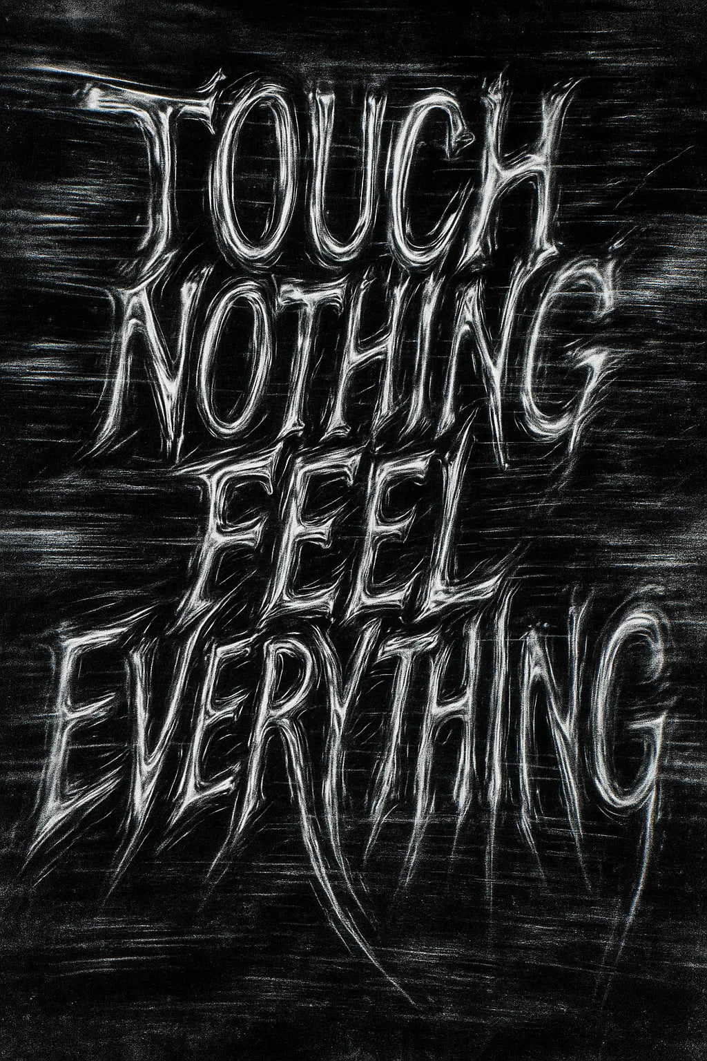 Example output from the Distorted Quote Typography Poster ChatGPT prompt: black and white portrait posters with warped chrome text, glitch effects, motion blur, and grungy textures ideal for zines, music merch, and protest visuals. Touch nothing feel everything.