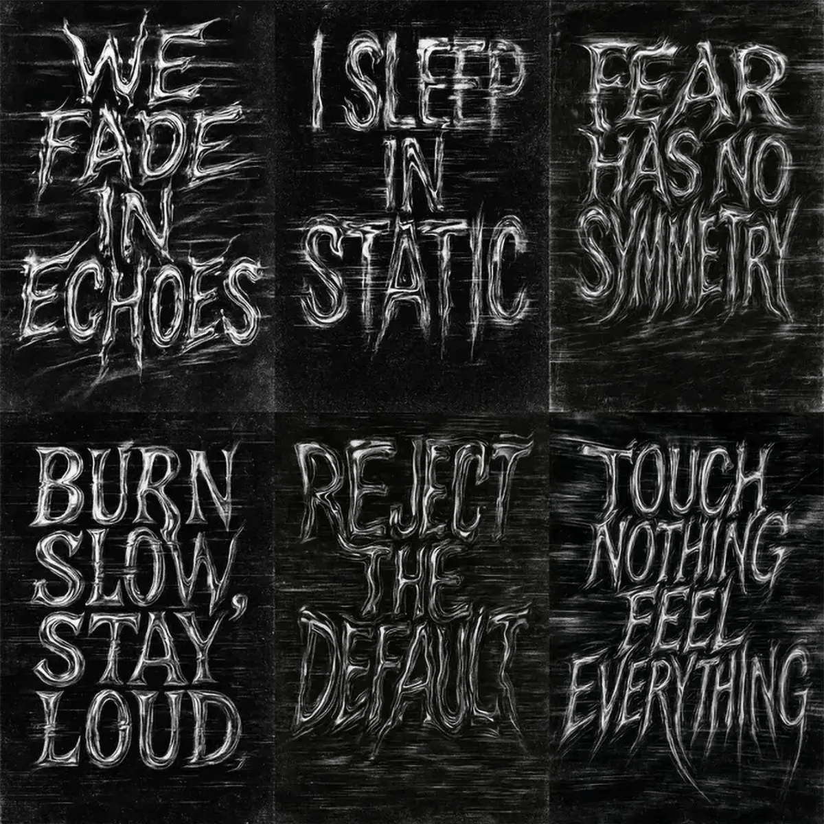 Example output from the Distorted Quote Typography Poster ChatGPT prompt: black and white portrait posters with warped chrome text, glitch effects, motion blur, and grungy textures ideal for zines, music merch, and protest visuals.