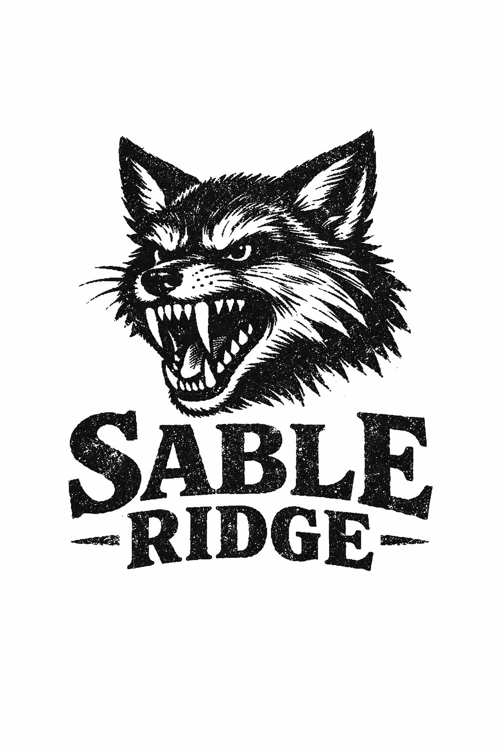 Example output from the Distressed Mascot Vintage Logos ChatGPT prompt: a distressed vintage engraving-style mascot logo for 'Sable Ridge' — a snarling wolf head with bold vintage typography.