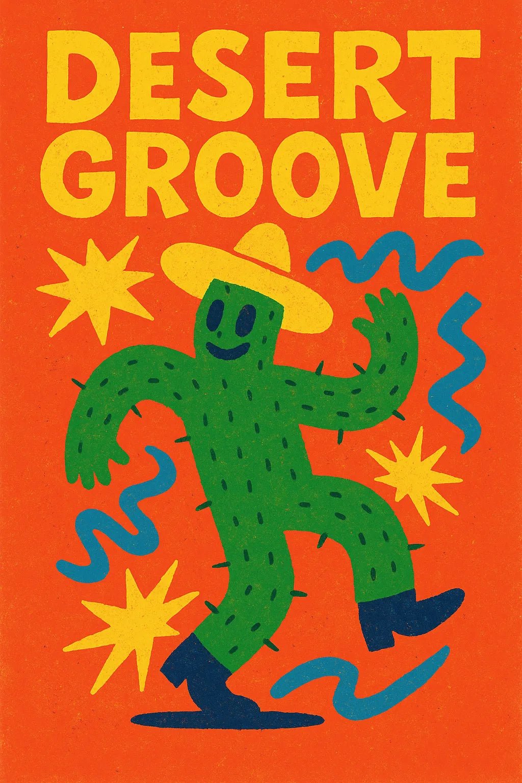 Example output from the Distressed Retro Pop Posters ChatGPT prompt: bold vintage-style poster Desert Groove