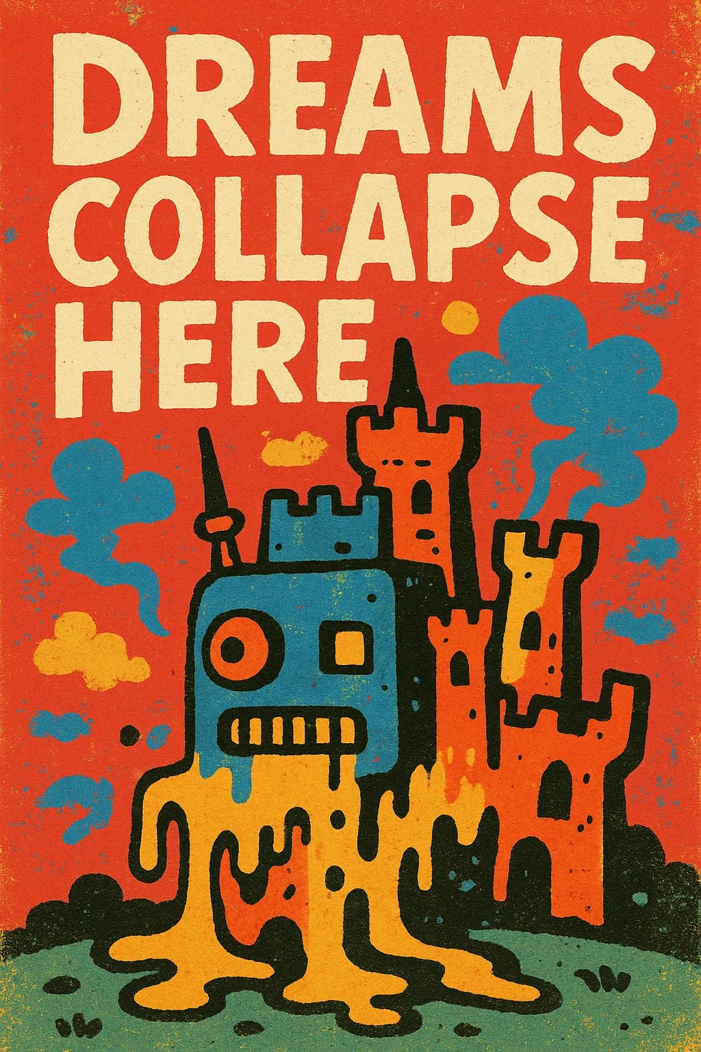 Example output from the Distressed Retro Pop Posters ChatGPT prompt: bold vintage-style poster Dreams Collapse Here