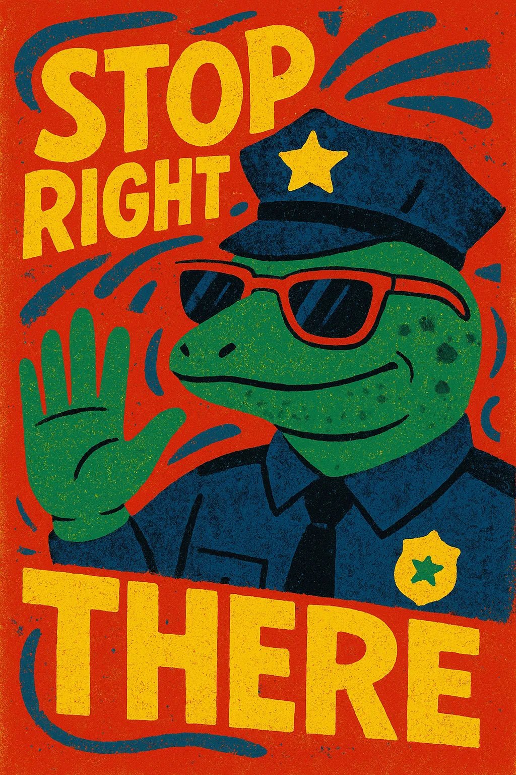 Example output from the Distressed Retro Pop Posters ChatGPT prompt: bold vintage-style poster Stop Right There