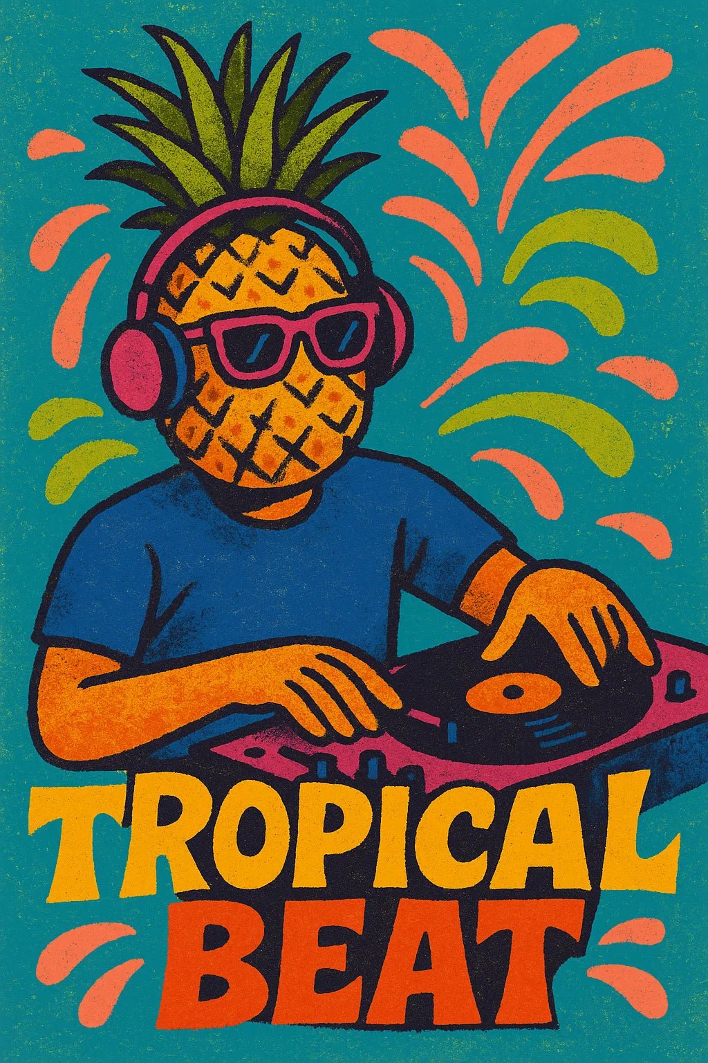 Example output from the Distressed Retro Pop Posters ChatGPT prompt: bold vintage-style poster Tropical Beat