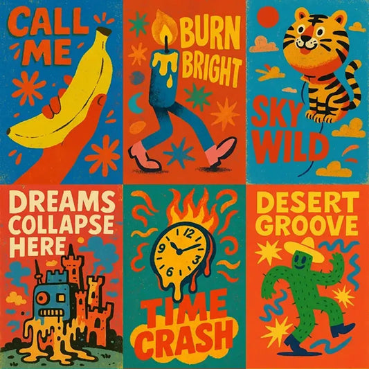 Example output from the Distressed Retro Pop Posters ChatGPT prompt: bold vintage-style posters with distressed textures, saturated colors, hand-drawn typography, and playful asymmetrical layouts.
