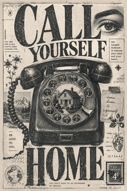 Example output from the Distressed Xerox Editorial Poster ChatGPT prompt: a distressed monochrome Xerox/zine-style editorial poster reading 'Call Yourself Home' with expressive serif typography and archival collage.