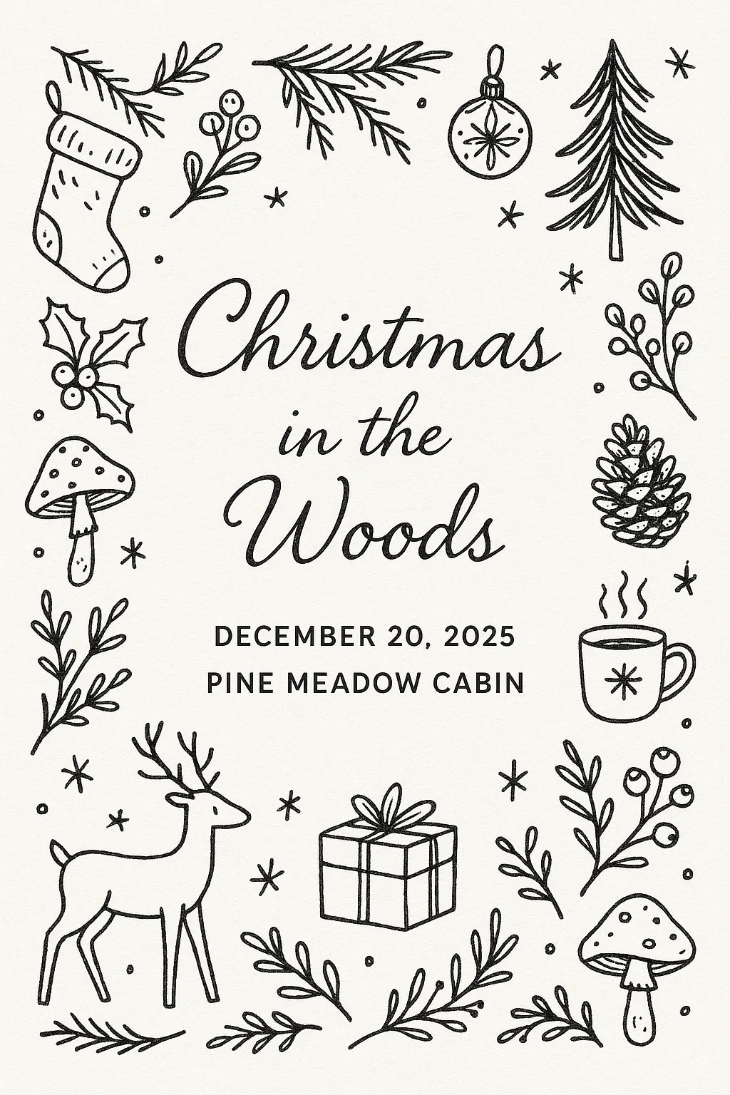 Example output from the Doodles Lineart Christmas Invitations ChatGPT prompt: Christmas in the Woods.