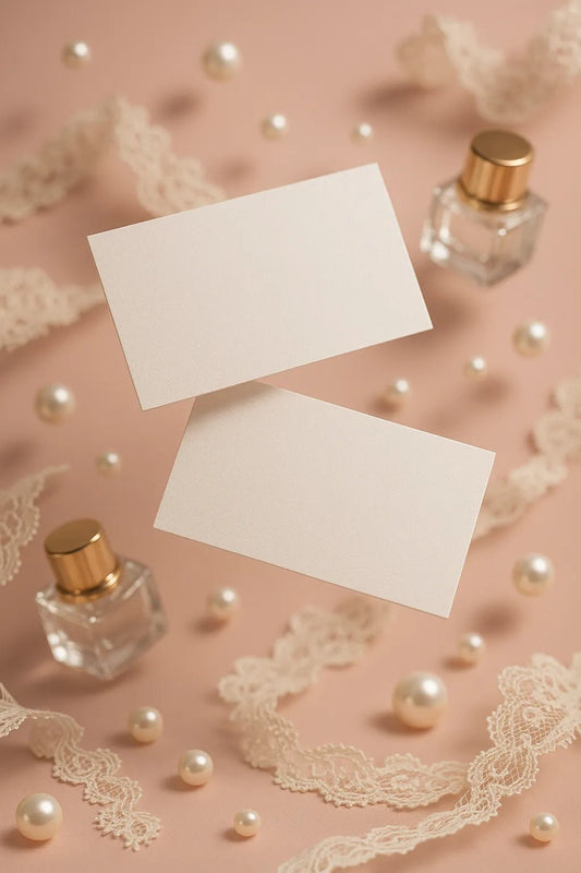 Example output from the Dual Floating Business Card Mockups ChatGPT prompt: elegant business card pairs floating mid-air. Preview 1.