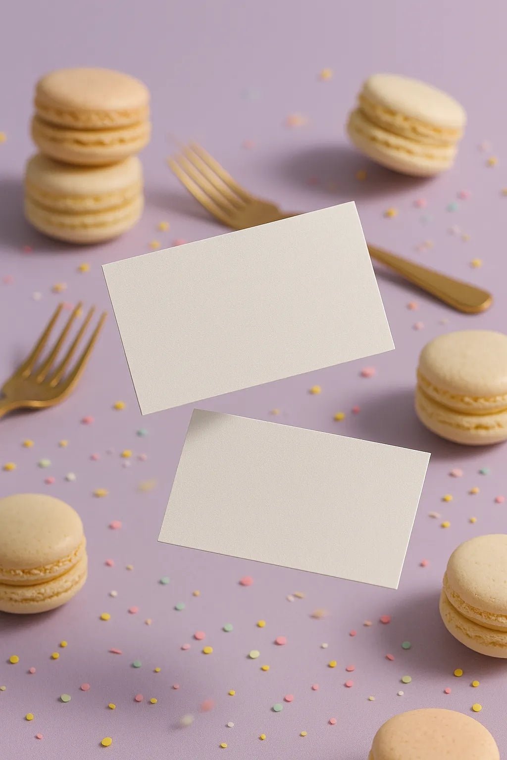 Example output from the Dual Floating Business Card Mockups ChatGPT prompt: elegant business card pairs floating mid-air. Preview 2.