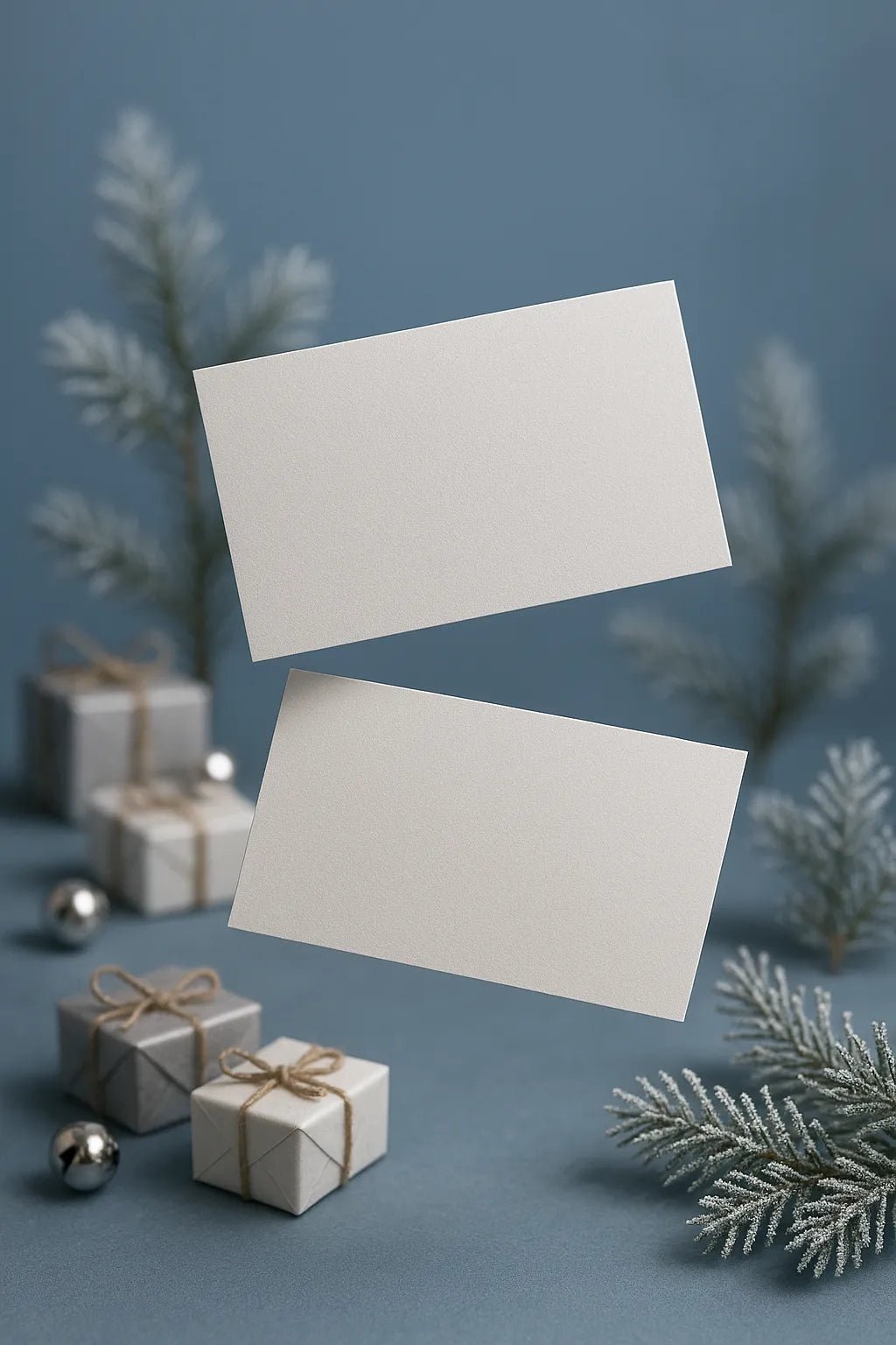 Example output from the Dual Floating Business Card Mockups ChatGPT prompt: elegant business card pairs floating mid-air. Preview 3.