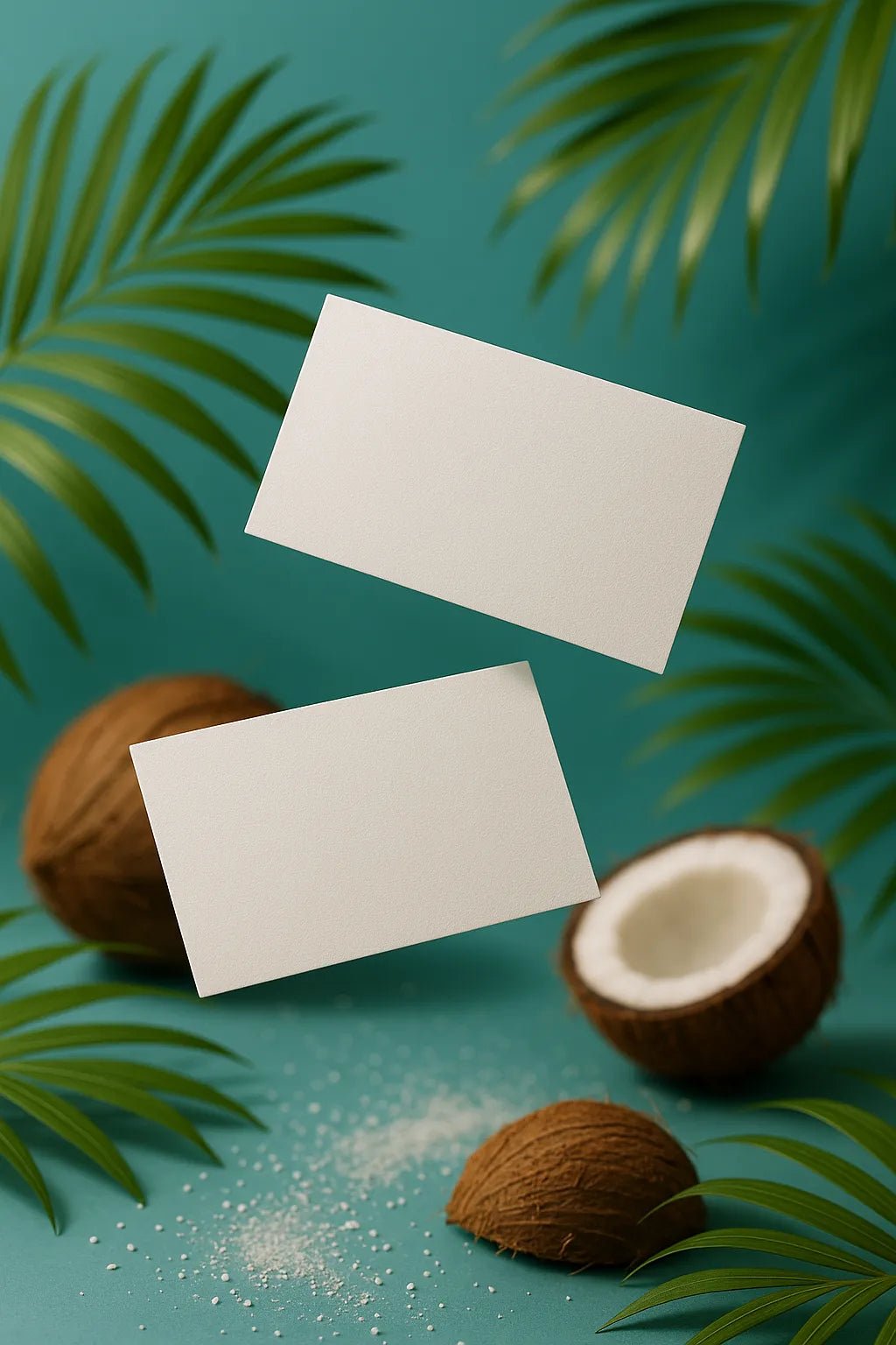 Example output from the Dual Floating Business Card Mockups ChatGPT prompt: elegant business card pairs floating mid-air. Preview 4.