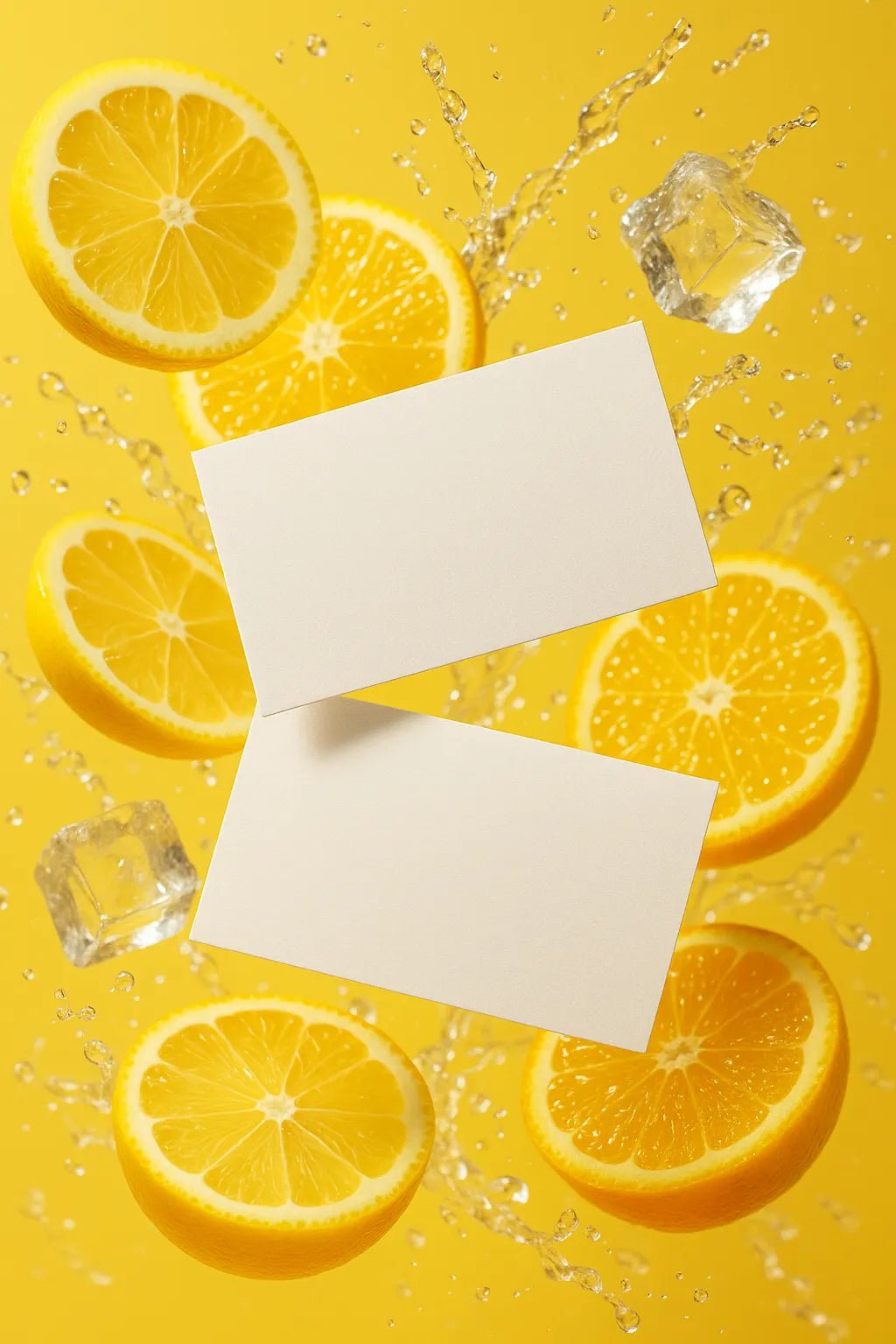 Example output from the Dual Floating Business Card Mockups ChatGPT prompt: elegant business card pairs floating mid-air. Preview 5.